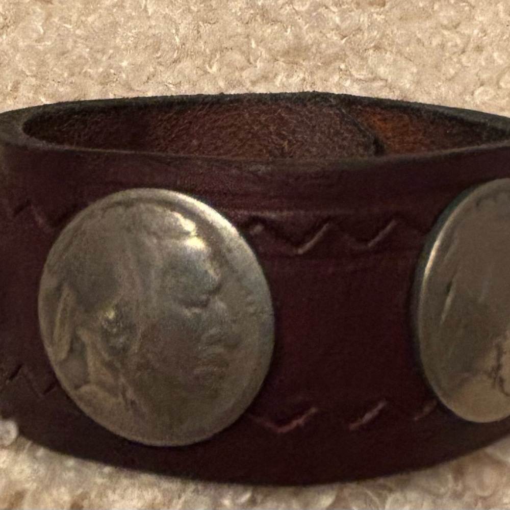 Navajo thick leather Indian Head nickel bracelet